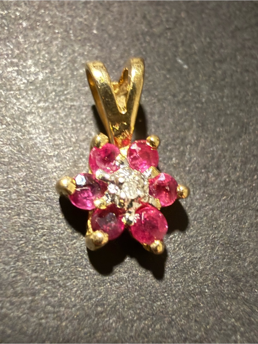 10k Gold Dainty Flower Pendant with Red Stones